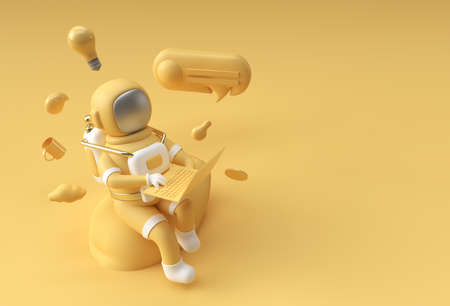 3D Render Astronaut in spacesuit working on laptop, 3D illustration Design.の写真素材