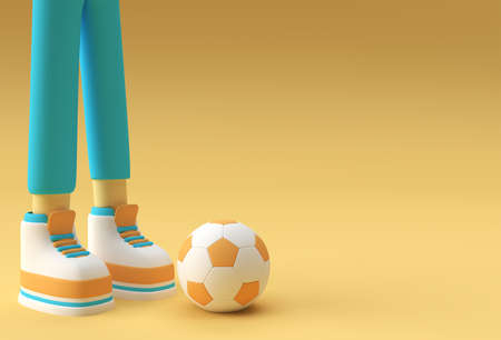3d render, funny cartoon character sportsman, legs with football background Design.の写真素材