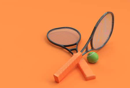 3D Render Sport equipment tennis racket with a ball on Orange Background.の写真素材