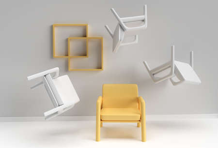 Yellow chair standing out from the crowd. Business concept. 3D rendering Design.の写真素材