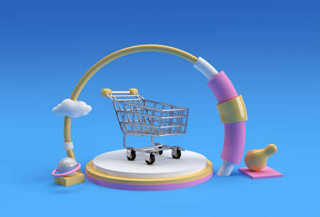 3D Render Shopping Cart Scene of Minimal Podium Scene for Display Products Advertising Design.の写真素材