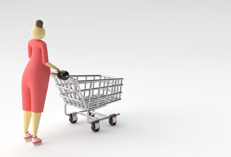 3D Render Woman with Shopping Cart Icon illustration Design.の写真素材