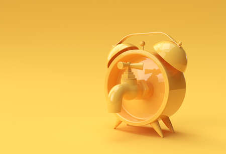 Time running out Tabwater retro alarm clock isolated on a yellow backgroundの写真素材