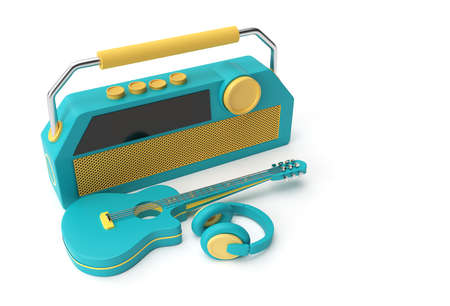 3D Render Acoustic Guitar Music headphone with old vintage retro style radio 3d illustration Design.の写真素材
