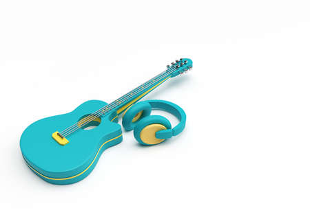3D Render Acoustic Guitar with Music headphone 3d illustration Design.の写真素材