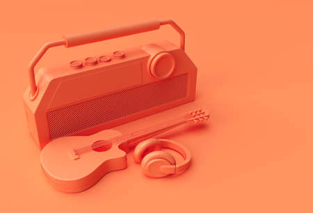 3D Render Acoustic Guitar Music headphone with old vintage retro style radio 3d illustration Design.の写真素材