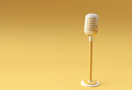 3D Render Retro microphone on short leg and stand, music award model template, karaoke, radio and recording studio sound equipment.の写真素材