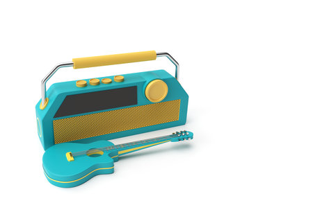 3D Render Acoustic Guitar with old vintage retro style radio 3d illustration Design.の写真素材
