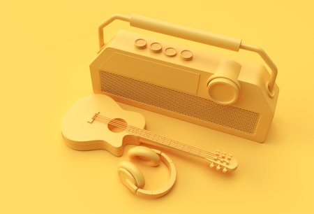 3D Render Acoustic Guitar Music headphone with old vintage retro style radio 3d illustration Design.の写真素材