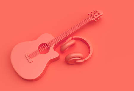 3D Render Acoustic Guitar with Music headphone 3d illustration Design.の写真素材