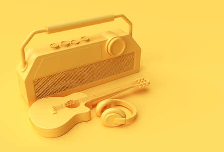 3D Render Acoustic Guitar Music headphone with old vintage retro style radio 3d illustration Design.の写真素材