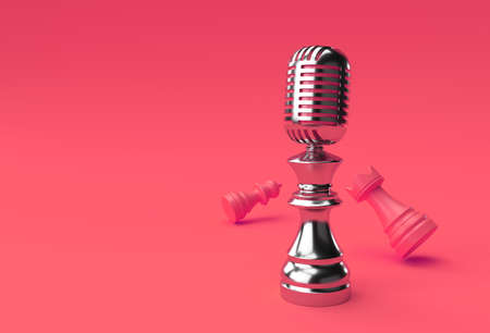 3D Render Realistic Chess king rook and pawns soldier with microphone illustration Design.の写真素材