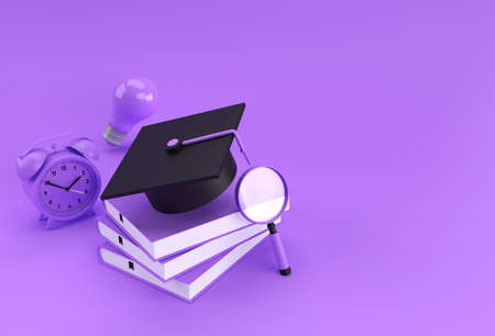3D Rendering of Graduation Cap, magnifying glass Bulb with books Realistic 3d shapes. Education online concept.の写真素材
