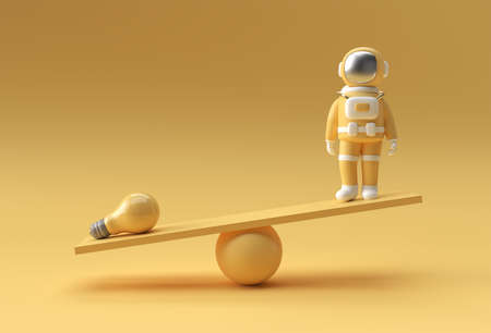 Astronaut balance ideas. Light bulb idea concept. 3D rendering illustration.