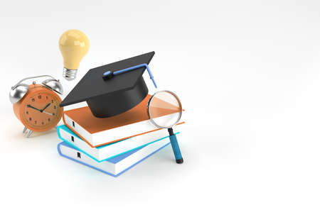 3D Rendering of Graduation Cap, magnifying glass Bulb with books Realistic 3d shapes. Education online concept.の写真素材