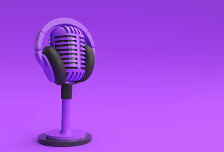 3D Render Retro microphone on short leg and stand with Headphone 3D Illustration Design.の写真素材