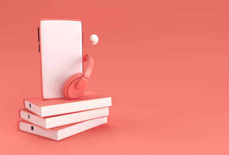 Smartphone with headphone for audio book Listen literature, e-books in audio format. Distance education e-learning, podcast, webinar, tutorial. 3D rendering.の写真素材