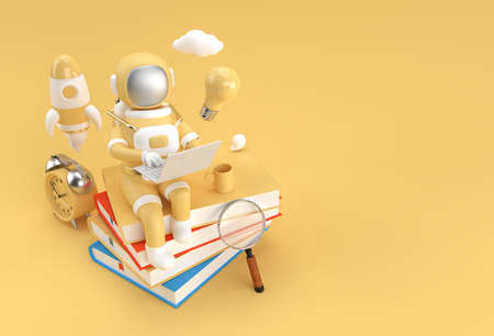 Astronaut sitting on Stack of books with working on laptop 3D Render Illustration.の写真素材