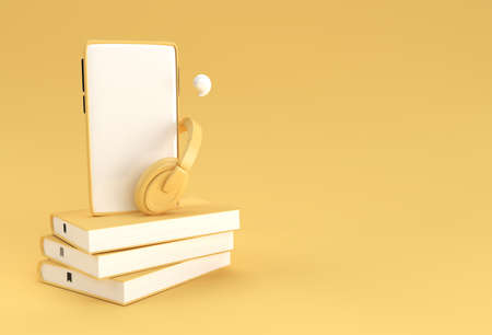 Smartphone with headphone for audio book Listen literature, e-books in audio format. Distance education e-learning, podcast, webinar, tutorial. 3D rendering.の写真素材