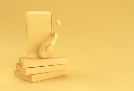 Smartphone with headphone for audio book Listen literature, e-books in audio format. Distance education e-learning, podcast, webinar, tutorial. 3D rendering.の写真素材
