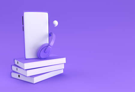 Smartphone with headphone for audio book Listen literature, e-books in audio format. Distance education e-learning, podcast, webinar, tutorial. 3D rendering.の写真素材
