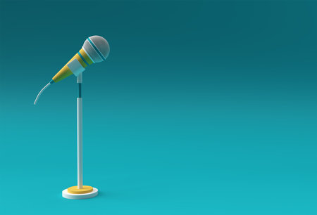 3D Render Retro microphone on short leg and stand, music award model template, karaoke, radio and recording studio sound equipment.の写真素材