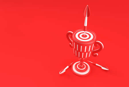 3D Render Trophy Cup with arrow hitting in the target center. Achievement metaphor. isolated on color background.の写真素材