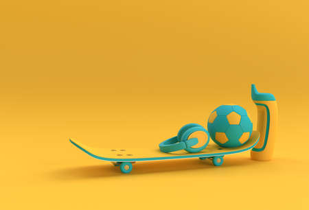 3D Render Illustration Skateboards with Football and Headphones isolated on Color stears Backgroundの写真素材