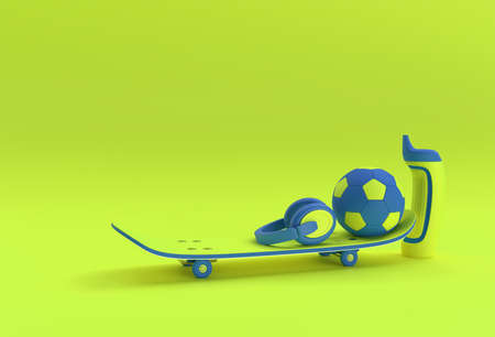 3D Render Illustration Skateboards with Football and Headphones isolated on Color stears Backgroundの写真素材