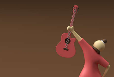 3D Render Acoustic Guitar with Woman Cartoon Characters 3d illustration Design.