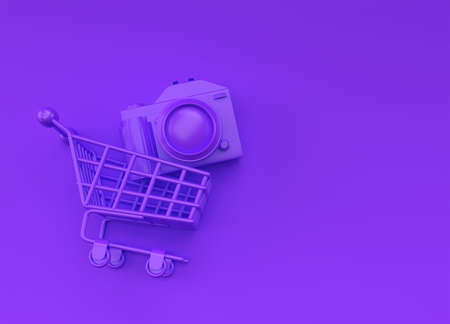 Digital Camera inside Shopping Cart, 3D Rendering isolated on Color Backgroundの写真素材