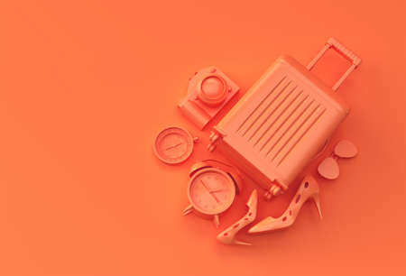 3D Render Suitcase with Traveler Accessories on Yellow Background. Travel Concept illustration Design.の写真素材