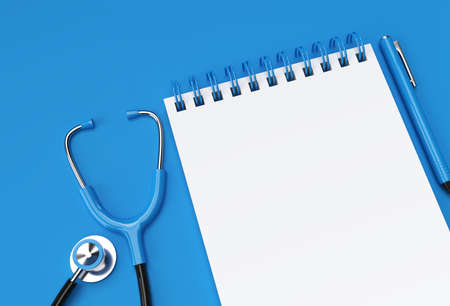3D Render Pen and Notepad with Doctor Stethoscope on the Pastel Blue Background.の写真素材