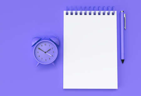 3D Render Pen and Notepad with Alram Clock on the Pastel Purple Background.