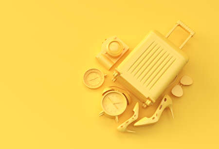 3D Render Suitcase with Traveler Accessories on Yellow Background. Travel Concept illustration Design.の写真素材