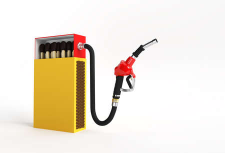 3D Render Opened Blank matchbox Mockup with fuel pump nozzle isolated on Color Backgroundの写真素材