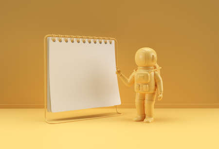3D Render Notebook Mock up with Astronaut pointing finger for Design and Advertising, 3d illustration Perspective view.の写真素材