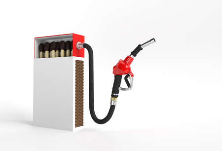 3D Render Opened Blank matchbox Mockup with fuel pump nozzle isolated on Color Backgroundの写真素材