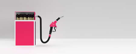 3D Render Opened Blank matchbox Mockup with fuel pump nozzle isolated on Color Backgroundの写真素材