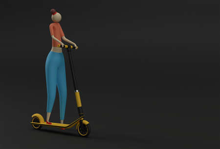 3D Render Cartoon Woman Riding a Push Scooterの写真素材