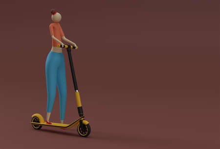 3D Render Cartoon Woman Riding a Push Scooterの写真素材