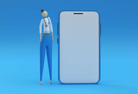 3d Render Woman Doctor Wear Stethoscope with Mobile Mockupの写真素材