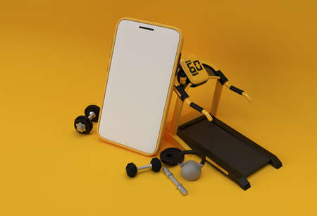 Modern gym equipment with empty mobile mockup 3d rendering.