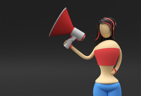Cartoon Character Woman Standing with Speaker on a Black Background. 3d illustrationの写真素材