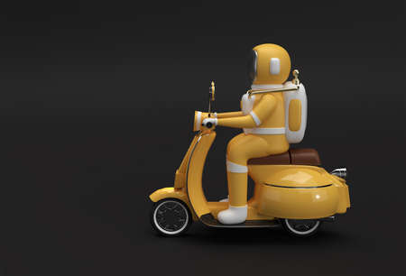 3D Render Astronaut Riding Motor Scooter Side View on a Black Background.の写真素材