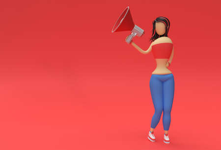 Cartoon Character Woman Standing with Speaker on a Red Background. 3d illustrationの写真素材