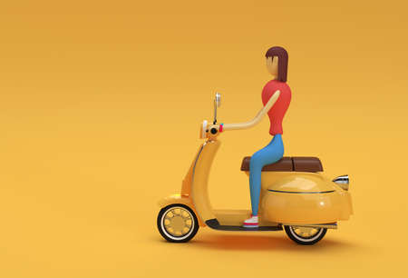 3D Render Woman Riding Motor Scooter Side Viewの写真素材