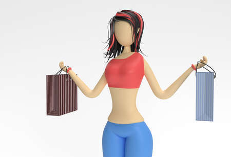 3D Render Woman Holding Shopping Bags Isolated on White Background.