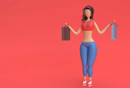 3D Render Woman Holding Shopping Bags Isolated on Red Background.の写真素材