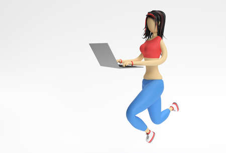 3D Render illustration of Cute Girl Working Using Laptop on a White Background.の写真素材